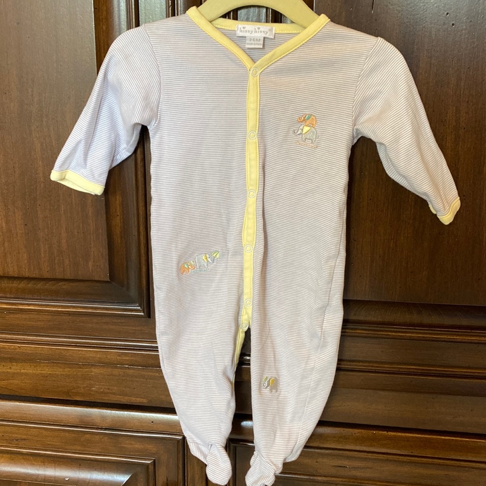 Kissy kissy grey stripe yellow embroidered elephants 3-6 M